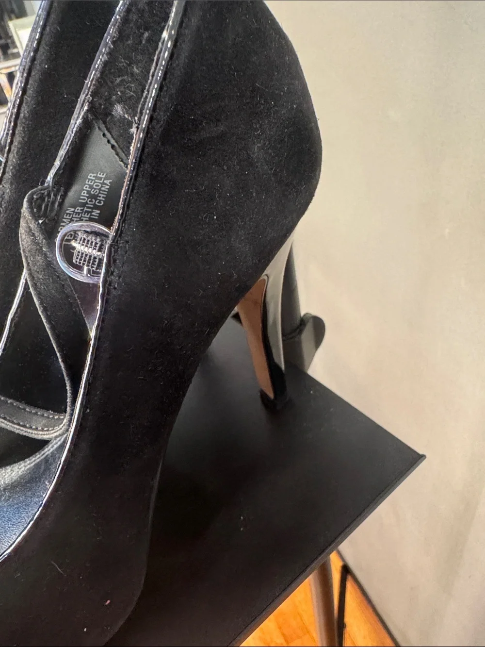 White House Black Market Black Patent Peep-Toe Heels with Faceted Gem